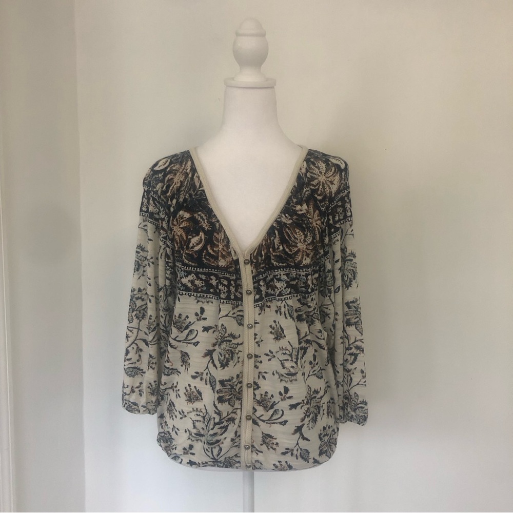 LUCKY BRAND Women Floral Print V-Neck 3/4 Sleeve Blouse Sz XS Elastic Hem